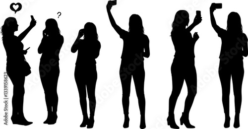 Woman taking selfie silhouettes set. silhouettes of people taking selfies. Woman taking selfie of holding and talking on mobile phone. Woman taking selfie with smartphone on white background.