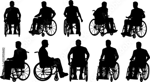 disabled man in wheelchair silhouettes vector. Silhouettes disabled in a wheel chair. Vector drawing rights in a wheelchair. silhouette businessman sitting on wheelchair over white background