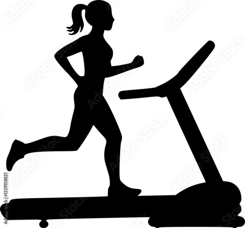 Young woman or girl running on treadmill silhouette. Home workout logo concept. Sport woman exercises on gym fitness machine vector. Treadmill icon in black style isolated on white background
