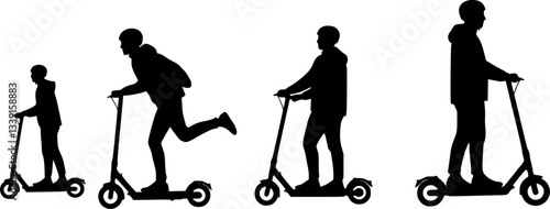Silhouettes, people riding electric scooters, sequence of five figures, black and white illustration, minimalist design, urban transportation, side view profiles, motion progression, scooter riders 