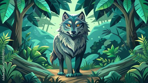vector of majestic and powerful wolf standing proudly in the heart of a dense jungle