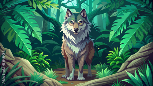vector of majestic and powerful wolf standing proudly in the heart of a dense jungle