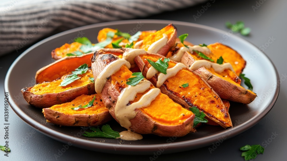 Delicious Plate of Sweet Potatoes Drizzled with Flavorful Sauce Garnish Delicious Plate of Sweet Potatoes Drizzled with Flavorful Sauce Garnish
