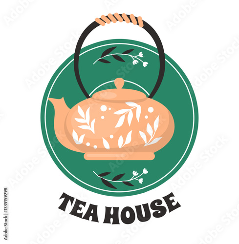 Tea House. Kettle with leaves pattern. Ceramic tableware, hot beverage, porcelain herbal aroma drink. Traditional pottery, kitchen utensil emblem. Vector cartoon flat isolated illustration