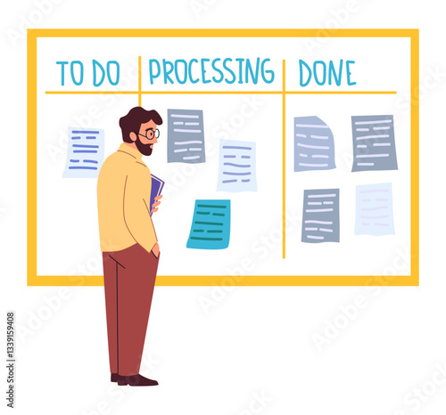 Planning schedule. Time management. Kanban board. Man reading book and reminder notes at whiteboard. Office goals. Tasks priority and daytime routine. Agenda control. Vector concept
