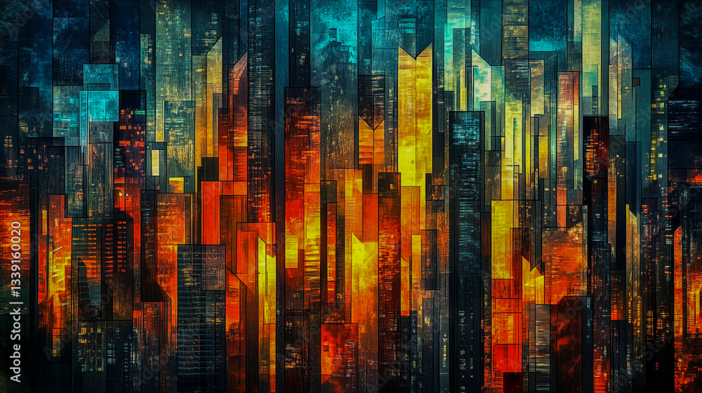 Fototapeta premium Stunning Art Deco city skyline at night, illuminated with vibrant glowing lights