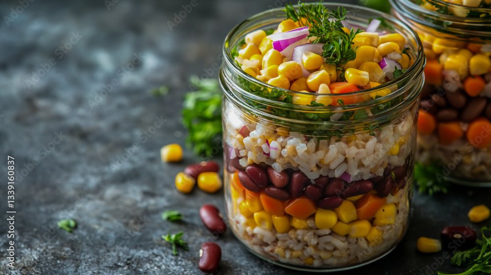 Vibrant rice and mixed bean salad with corn and red onions layered in a glass jar, showcasing its protein-rich and nutritious qualities Vibrant rice and mixed bean salad with corn and red onions layered in a glass jar, showcasing its protein-rich and nutritious qualities
