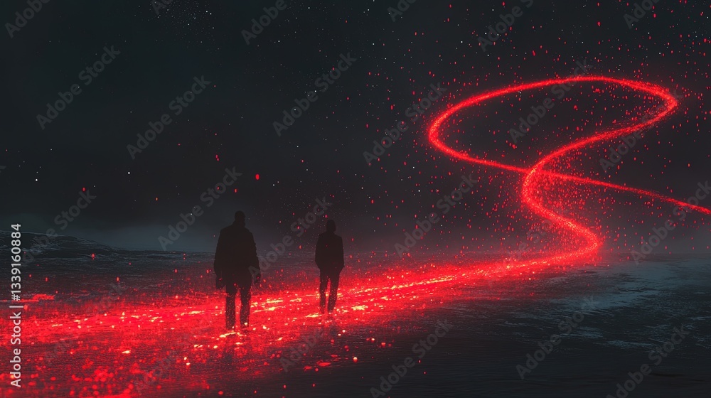 Obraz premium A glowing red thread connecting two figures, one disappearing into darkness 