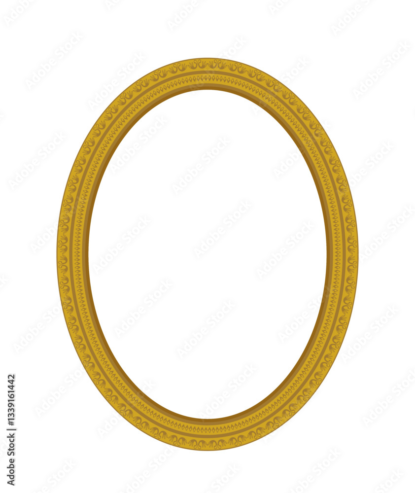 Elegant golden oval frame with intricate decorative details on a plain white background. Classic and vintage art design suitable for portraits, mirrors, and artwork. Vector illustration Elegant golden oval frame with intricate decorative details on a plain white background. Classic and vintage art design suitable for portraits, mirrors, and artwork. Vector illustration