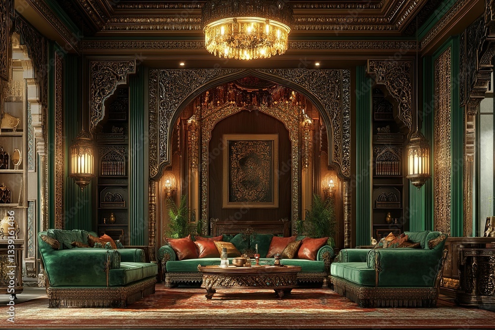 custom made wallpaper toronto digitalLuxurious interior design with ornate details and emerald velvet furniture