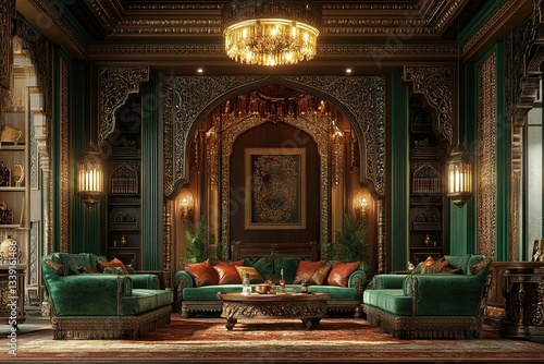 Wallpaper Mural Luxurious interior design with ornate details and emerald velvet furniture Torontodigital.ca