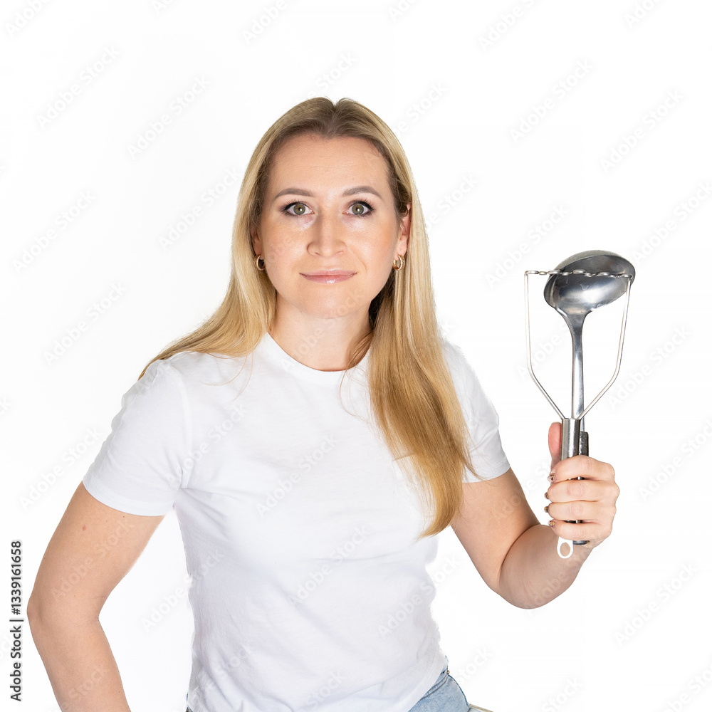 Photo of young hungry lady holding kitchen utensils preparing to eat breakfast wear white new shirt isolated on white background Photo of young hungry lady holding kitchen utensils preparing to eat breakfast wear white new shirt isolated on white background