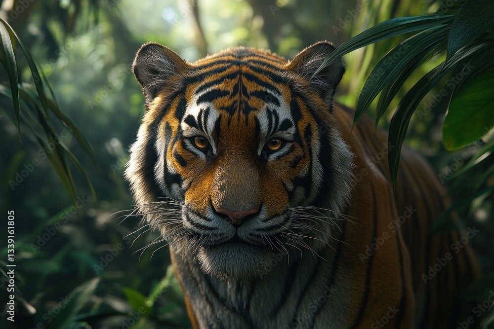 Fototapeta premium A majestic tiger appears amid lush green jungle vegetation