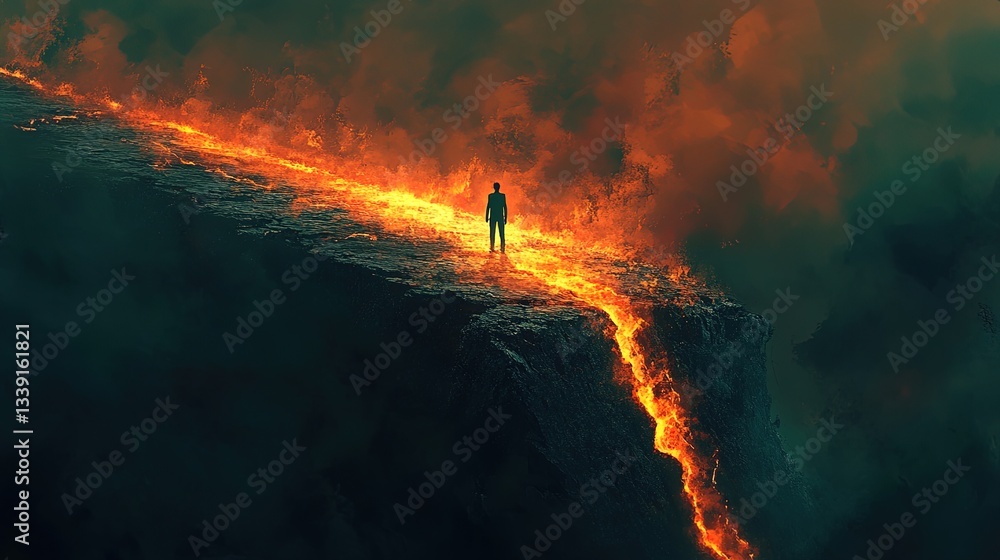 Fototapeta premium A glowing crack in the earth with a figure standing at its edge, staring into the abyss 