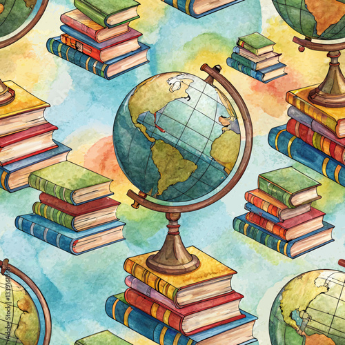 Seamless globe and books background, an artistic fusion of a globe and colorful books, symbolizing world knowledge and literacy advocacy 