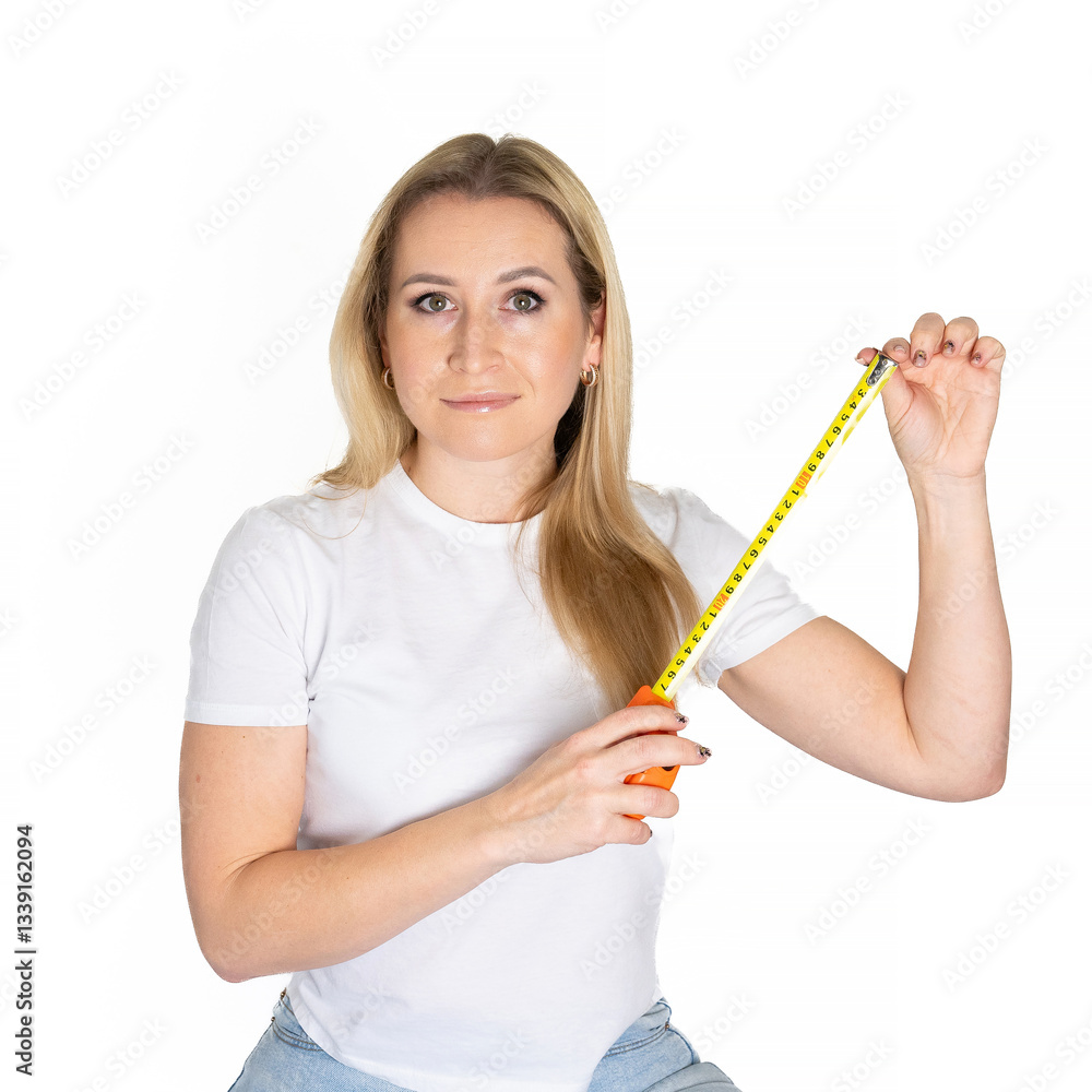 Blonde white woman holds a measuring tape. Roll Measuring Tape In Woman's Hand. building concept Blonde white woman holds a measuring tape. Roll Measuring Tape In Woman's Hand. building concept