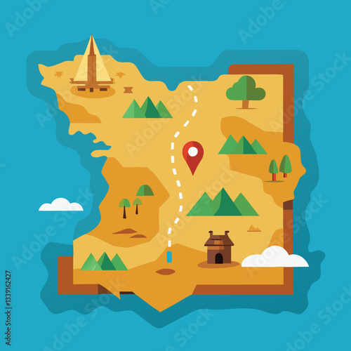 Vector map with route and landmarks illustration, A colorful vector map featuring landmarks, mountains, and a marked route with a location pin on a blue background.
