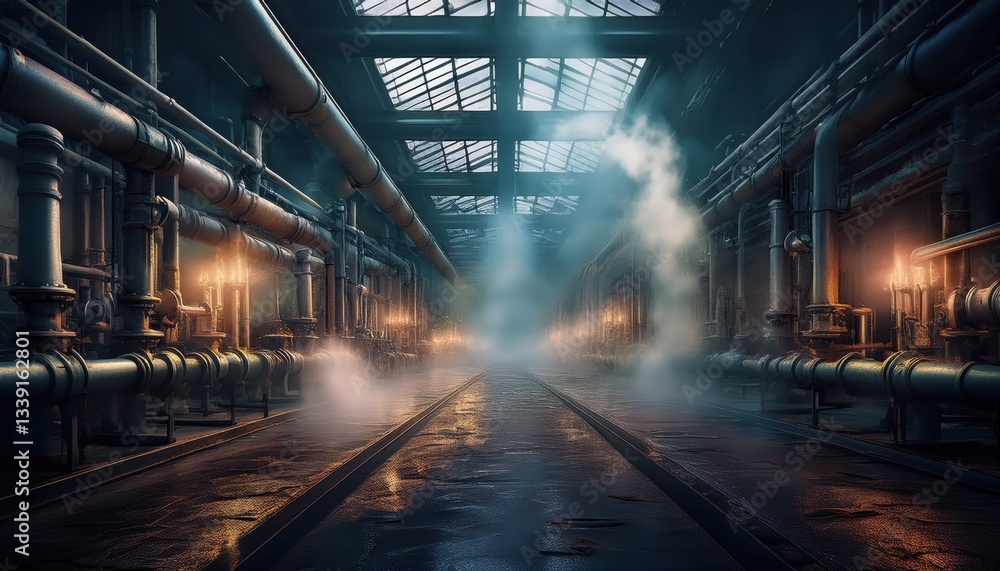 A corridor displays intricate piping, softly lit and enveloped in steam. A corridor displays intricate piping, softly lit and enveloped in steam.