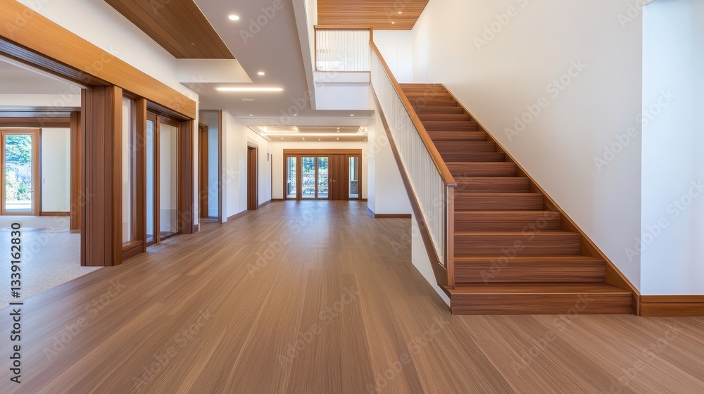 Fototapeta premium Modern interior of a spacious home featuring wooden stairs and large windows, showcasing natural light