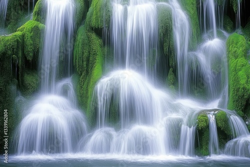 Cascading waterfalls flow over green moss covered rock formations
