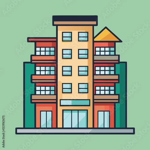 Apartment building vector with trees and windows, A vector illustration of an apartment building with multiple windows and trees on a green background.
