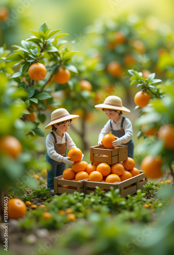  Two miniature figurines of farmers harvesting oranges in a lush orchard. Surreal miniature scene. Generative AI