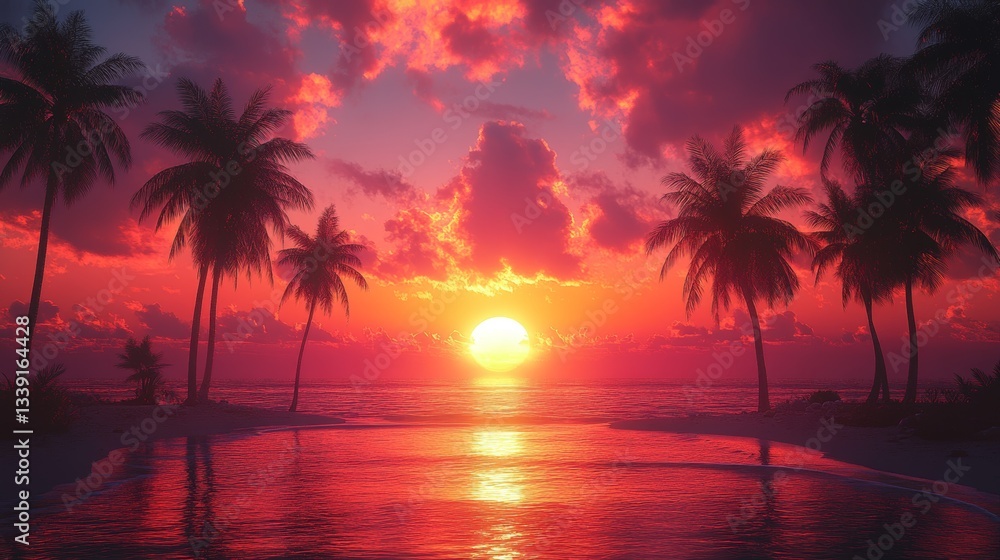 Obraz premium Vibrant sunset over tropical beach with palm trees.