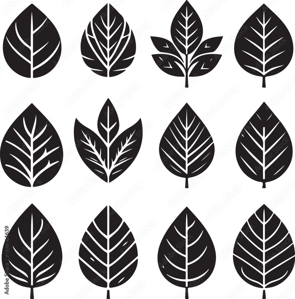 Fototapeta premium Black and white leaf icon silhouette vector set