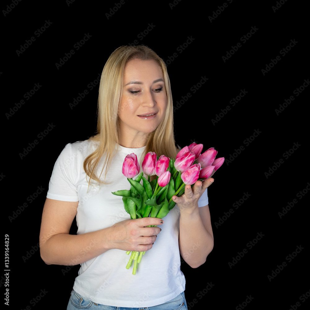 Happy blonde woman in white t-shirt holding bunch of tulips while standing against black background Happy blonde woman in white t-shirt holding bunch of tulips while standing against black background