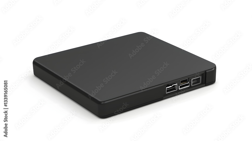 Sleek and modern portable external hard drive with slim design showcased against a clean white background Sleek and modern portable external hard drive with slim design showcased against a clean white background
