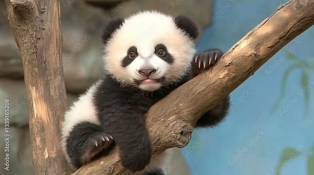 Obraz premium Playful panda cub climbing tree in zoo wildlife photography close-up