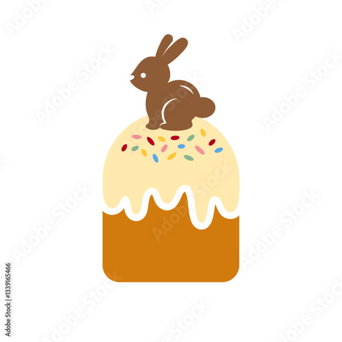 Easter bread with a chocolate bunny isolated on white background. Vector icon of a cute Easter cake in a simple flat cartoon style. Traditional paska bread frosted with gaze and sugar sprinkles