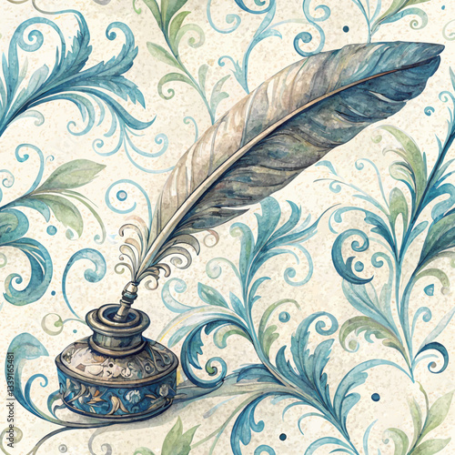 Seamless quill and ink background, delicate swirls of blue and green around a vintage quill pen, artistic and literary vibe  