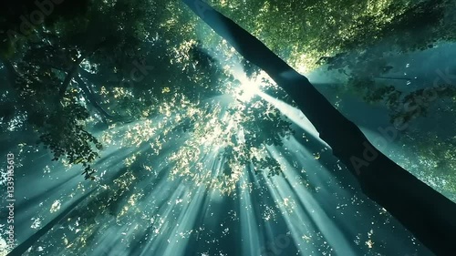 Wallpaper Mural Sunlight filtering through dense forest canopy, illuminating the ground with soft rays in serene nature Torontodigital.ca