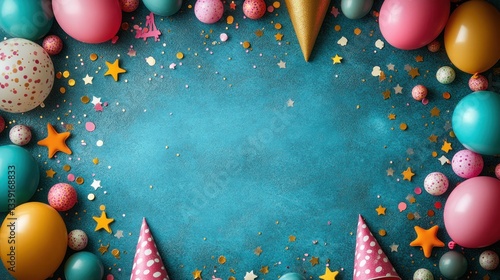 Birthday party background with balloons, confetti, hats on blue surface
