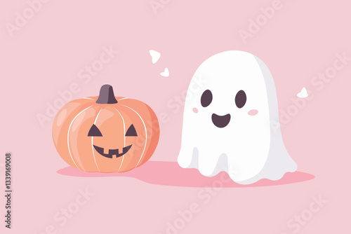 Cute Pink and White Ghost with Pumpkin Playful Spooky Halloween Illustration for Festive Creative Design