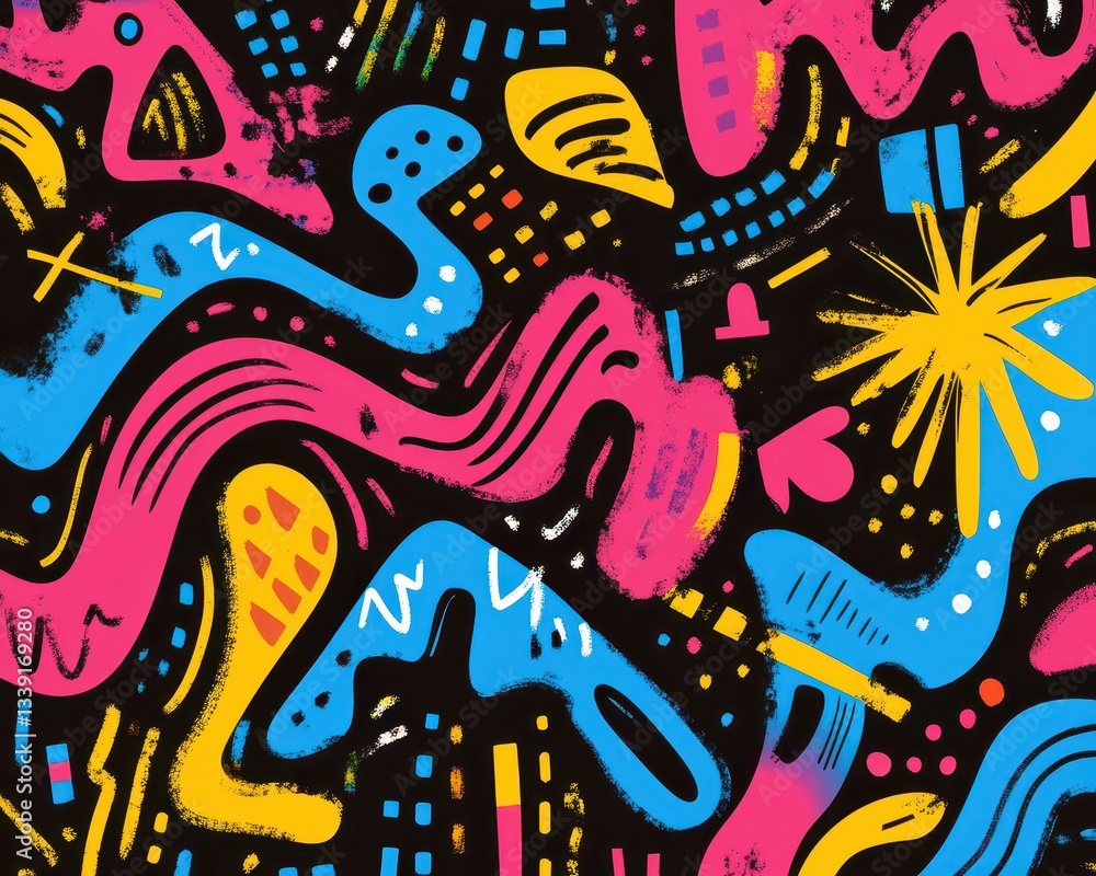 Fototapeta premium Retro graffitistyle doodle patterns with multicolor vibrant dynamic lines