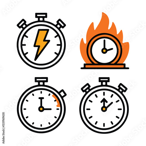 Set of timer and stopwatch icons. Quick time icon, fast deadline, countdown timer collection, rapid line symbol. Vector illustration