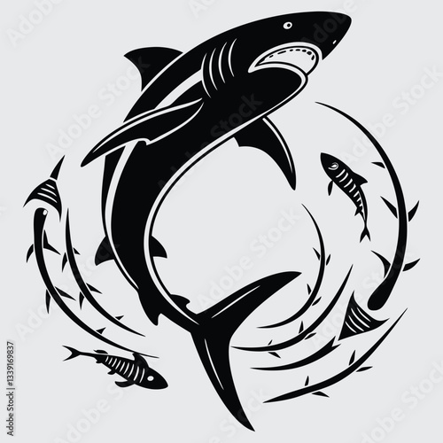 A shark circling its prey image silhouette design vector art and illustration