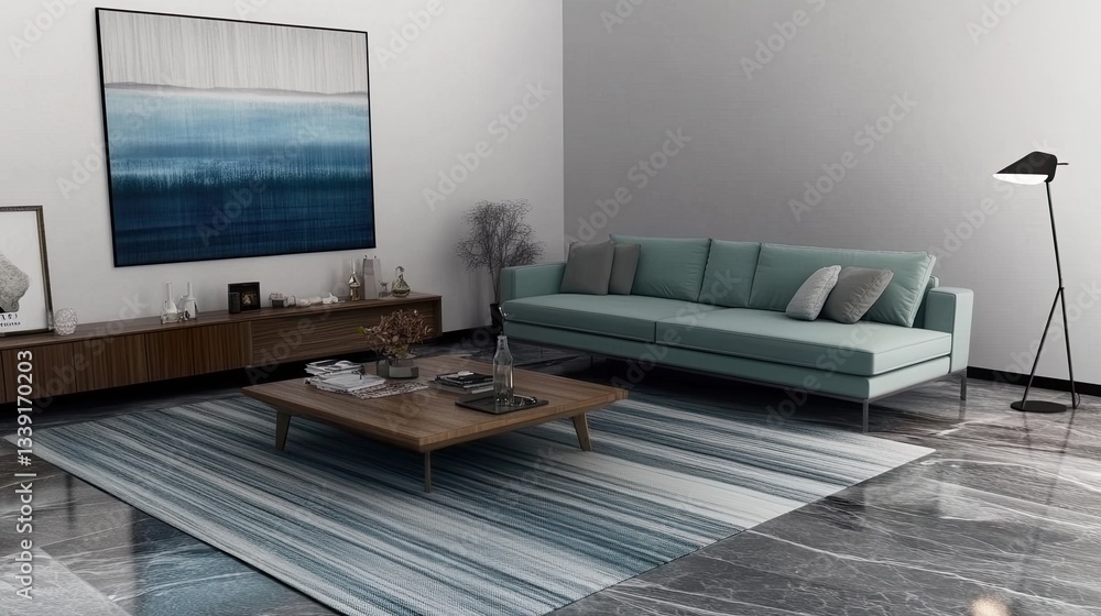 Fototapeta premium Modern living room interior with sofa, armchair, coffee table and floor lamp, home design