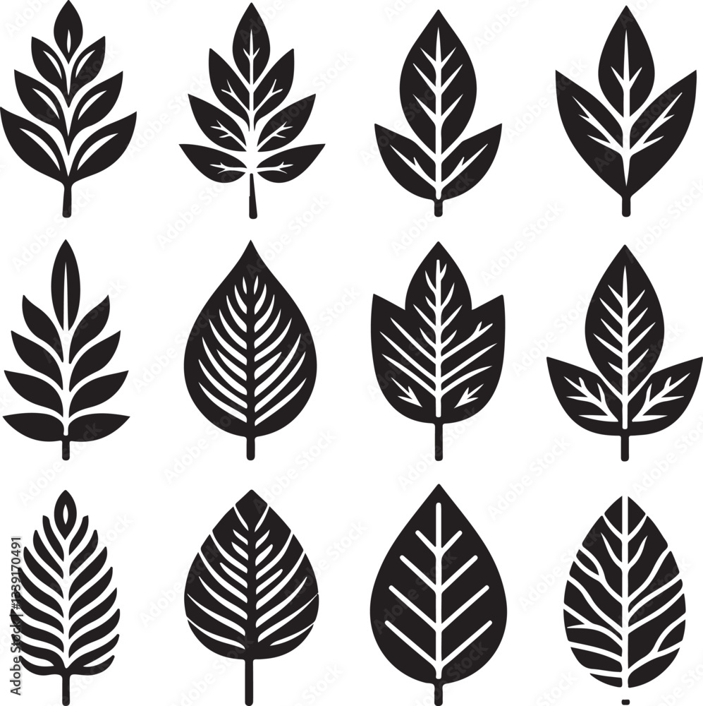 Black and white leaf icon silhouette vector set Black and white leaf icon silhouette vector set