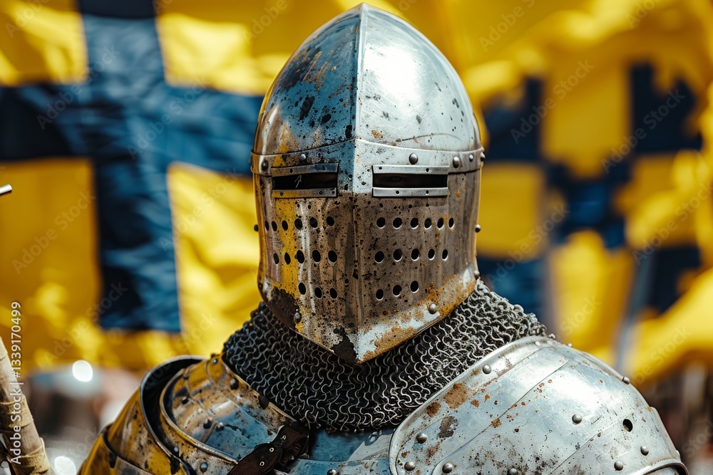 Knight in armor stands proudly with battle flags waving during historical reenactment festival in a sunny afternoon Knight in armor stands proudly with battle flags waving during historical reenactment festival in a sunny afternoon