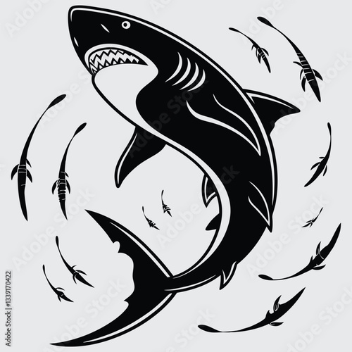 A shark circling its prey image silhouette design vector art and illustration