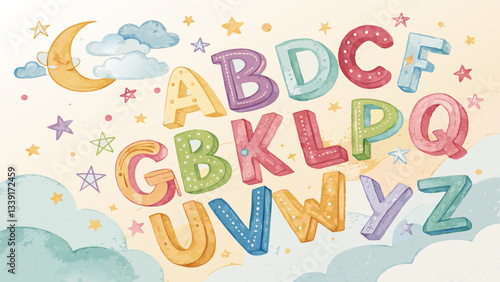 Watercolor alphabet letters background, playful arrangement of letters in various colors, creative and engaging atmosphere for learners with copy space  