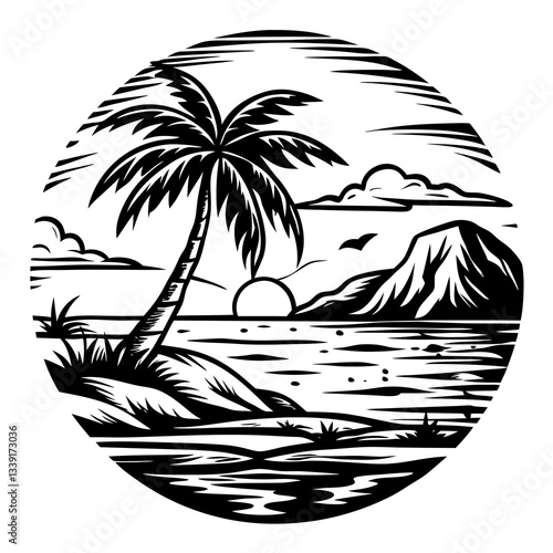 a captivating illustration of a tropical island scene with a palm tree, ocean and mountain, with a unique circular design