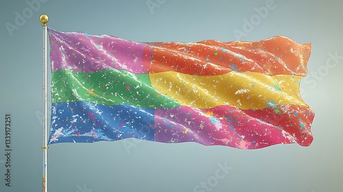 Colorful flag waving in the breeze; LGBTQ+ pride; digital illustration; stock image