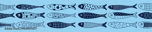 Vector seamless horizontal border with fish. Cute illustration. Sardines, salmon, tuna, tilapia.