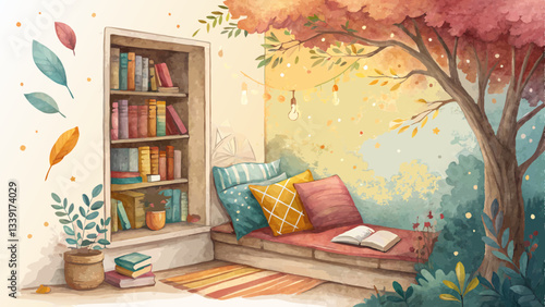 Watercolor reading nook background, cozy corner with vibrant cushions and books, warm and inviting literary retreat with copy space  
