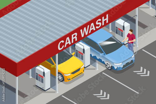 Isometric Self-service car wash. Man washing his car at a self-service car wash using high-pressure hoses. Blue car are covered in dirt and foam. The station has separate washing bays.