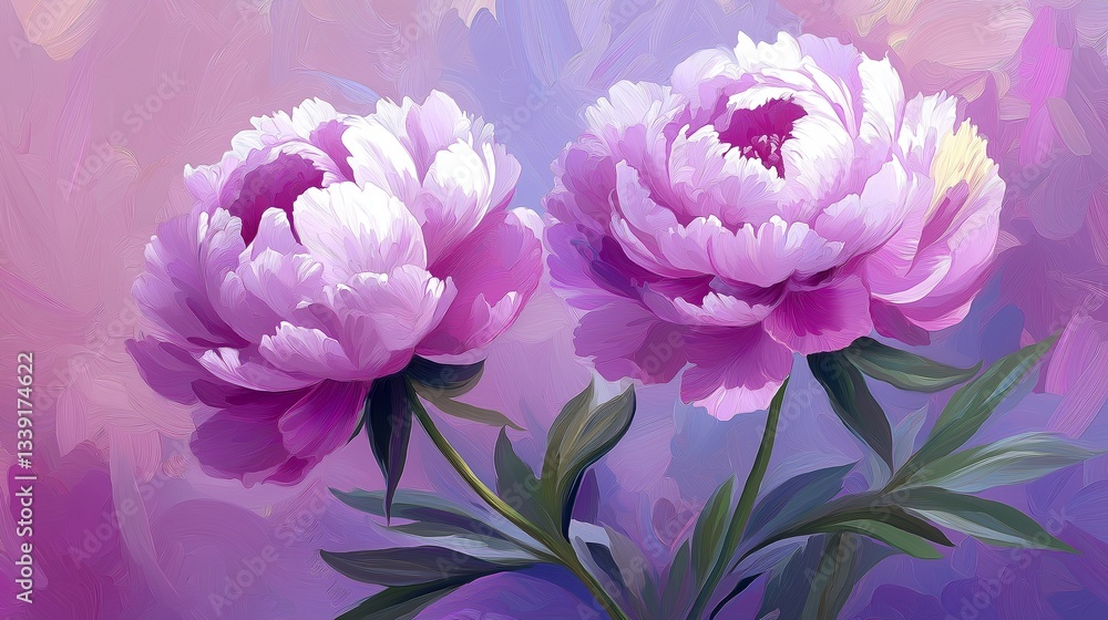 Obraz premium Vibrant peony flowers in full bloom, lush green leaves, soft pastel background. Concept: ethereal beauty of peony flowers, modern art style, dreamy atmosphere, serene colors.